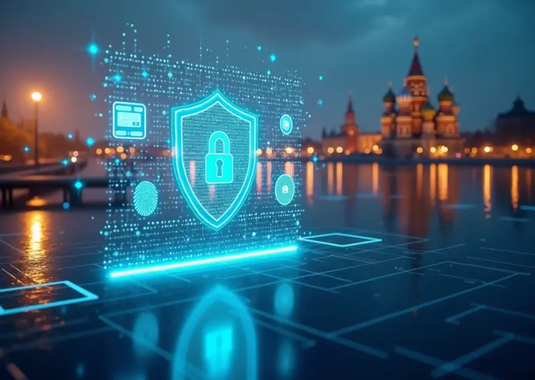 Цифровая защита персональных данных на фоне городского пейзажа России с элементами безопасности в интернете