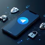 Современный смартфон с приложением Telegram на экране, окружённый иконками безопасности и анонимности, символизирующими защиту переписки в цифровую эпоху