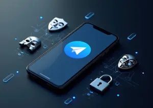 Современный смартфон с приложением Telegram на экране, окружённый иконками безопасности и анонимности, символизирующими защиту переписки в цифровую эпоху