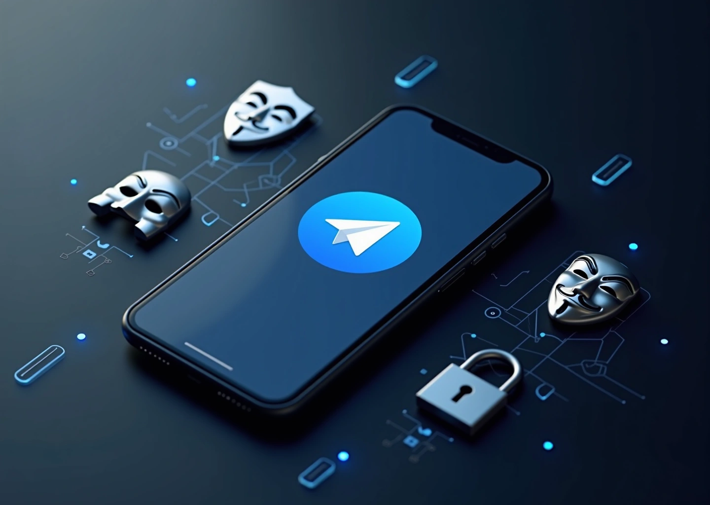 Современный смартфон с приложением Telegram на экране, окружённый иконками безопасности и анонимности, символизирующими защиту переписки в цифровую эпоху