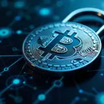 Символ Bitcoin на фоне цифровых данных и цепочек блокчейн, иллюстрирующих анонимность и отслеживание транзакций в криптовалюте