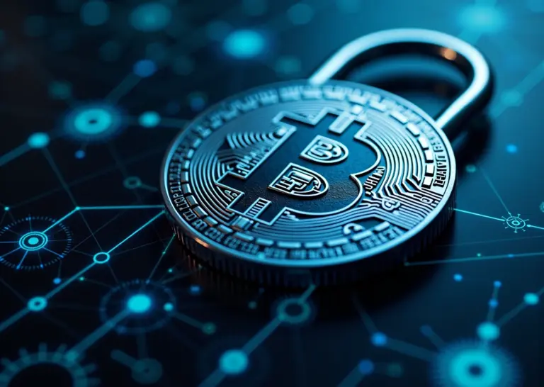Символ Bitcoin на фоне цифровых данных и цепочек блокчейн, иллюстрирующих анонимность и отслеживание транзакций в криптовалюте