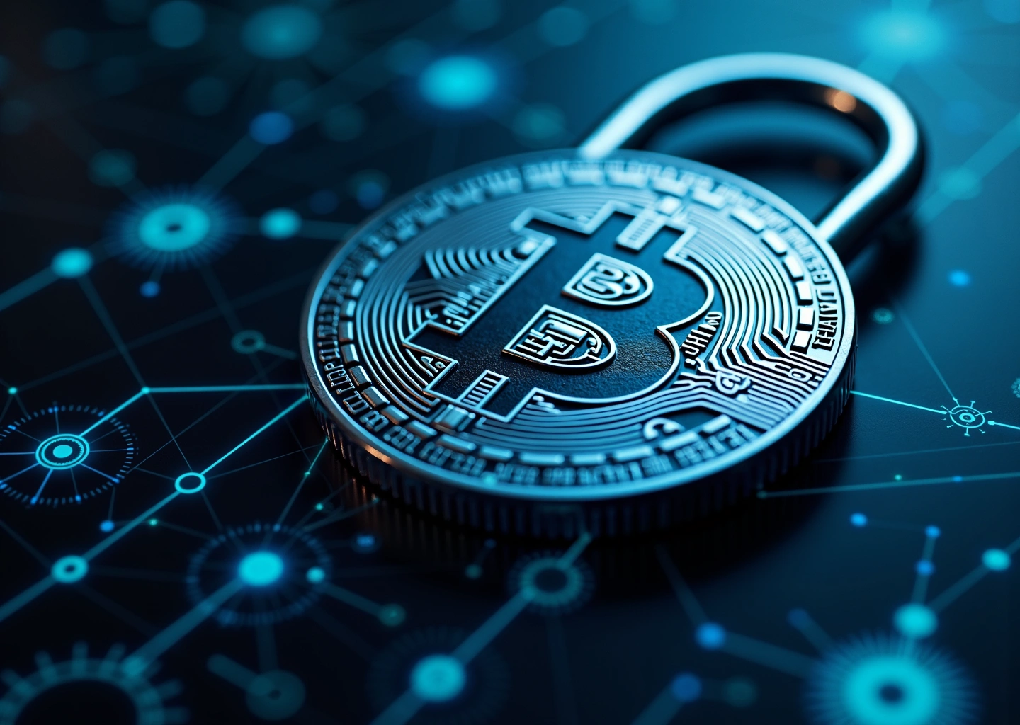 Символ Bitcoin на фоне цифровых данных и цепочек блокчейн, иллюстрирующих анонимность и отслеживание транзакций в криптовалюте