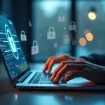 Человек оформляет согласие на обработку персональных данных на экране компьютера с изображениями замка и цифровой защиты