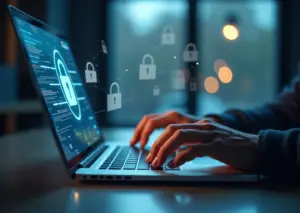 Человек оформляет согласие на обработку персональных данных на экране компьютера с изображениями замка и цифровой защиты