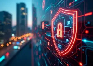 Цифровой щит и элементы кибербезопасности с символикой России на фоне высокотехнологичного города 2026 года