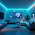 Современный умный дом с гаджетами и символами защиты данных