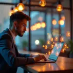 Пользователь в кафе за ноутбуком подключается к публичному Wi-Fi с элементами защиты данных