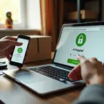 Человек совершает онлайн‑покупку на ноутбуке: видна HTTPS‑строка, кредитная карта, смартфон с одноразовым кодом и упаковка посылки на столе