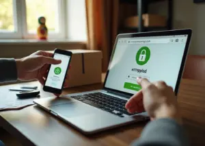 Человек совершает онлайн‑покупку на ноутбуке: видна HTTPS‑строка, кредитная карта, смартфон с одноразовым кодом и упаковка посылки на столе