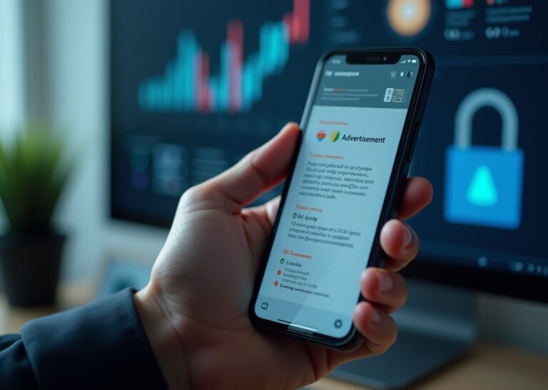 Смартфон с пометкой РЕКЛАМА, значки cookie и замок, документ закона с эмблемой России на фоне компьютера с рекламной панелью