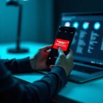 Человек проверяет уведомление о подозрительной активности в соцсети на смартфоне и ноутбуке; на столе аппаратный ключ 2FA и заметки по безопасности