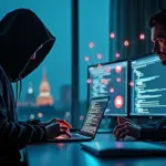 Обложка: скомпрометированный ноутбук и мошенник слева, включённая двухфакторная аутентификация и специалист по безопасности справа, на фоне едва различимый силуэт Москвы и иконки замка и щита