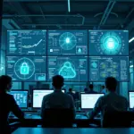 Офисная сцена с экранами, отображающими цифровые потоки, значки замка и предупреждения о персональных данных — визуализация работы DLP‑системы