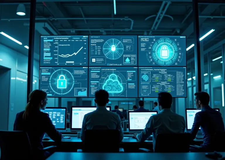 Офисная сцена с экранами, отображающими цифровые потоки, значки замка и предупреждения о персональных данных — визуализация работы DLP‑системы