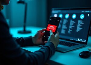 Человек проверяет уведомление о подозрительной активности в соцсети на смартфоне и ноутбуке; на столе аппаратный ключ 2FA и заметки по безопасности