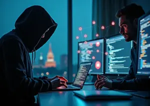 Обложка: скомпрометированный ноутбук и мошенник слева, включённая двухфакторная аутентификация и специалист по безопасности справа, на фоне едва различимый силуэт Москвы и иконки замка и щита